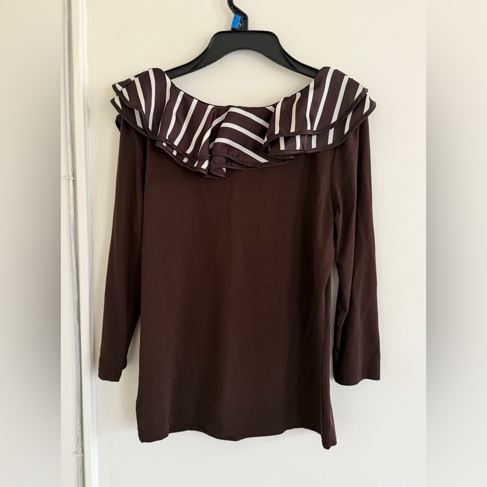 New Lauren Ralph Lauren Top Woman’s S Brown Striped Ruffle 3/4 Sleeve Rayon Bld - Picture 3 of 7